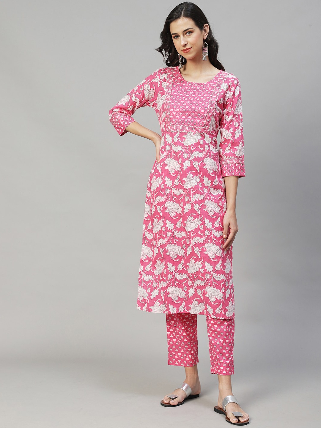 

FASHOR Women Pink Floral Printed Pure Cotton Kurta With Trousers