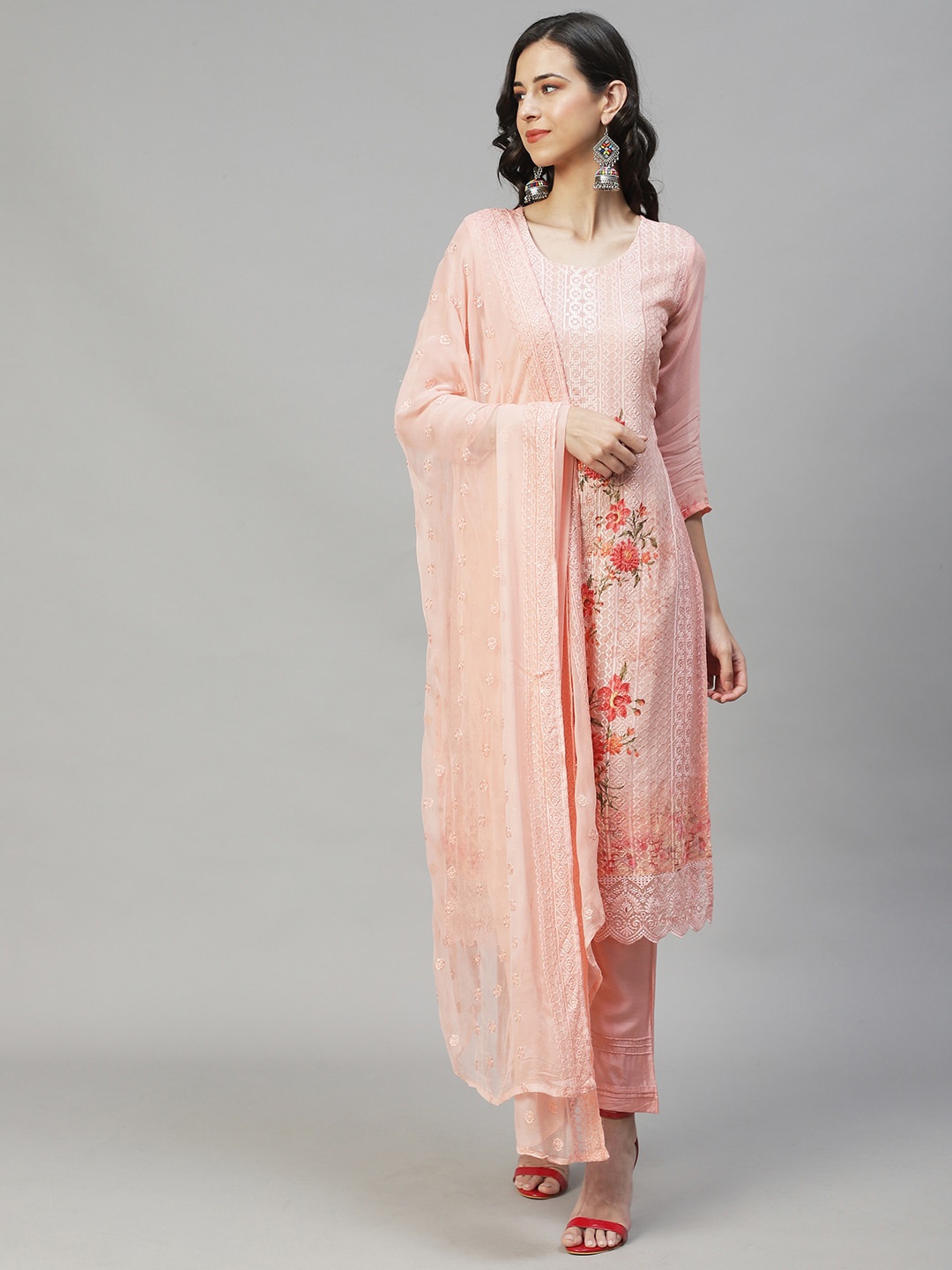 

FASHOR Women Peach Ethnic Motifs Embroidered Sequined Kurta With Trouser And Dupatta