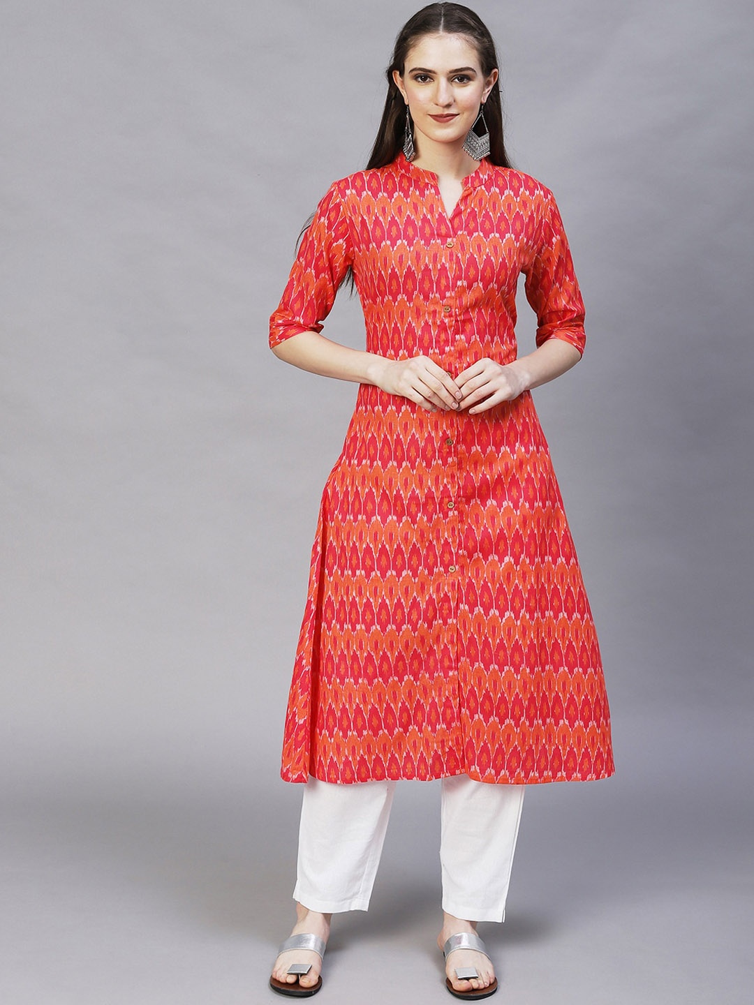 

FASHOR Women Pink & Orange Ikat Printed Kurta