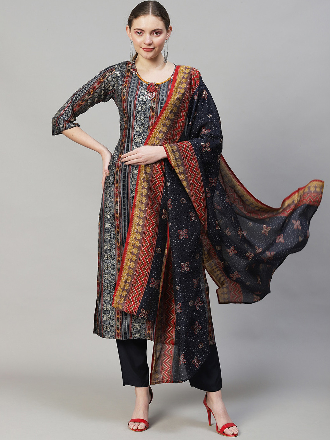 

FASHOR Women Coffee Brown Ethnic Motifs Printed Sequinned Kurta with Trousers & With Dupatta