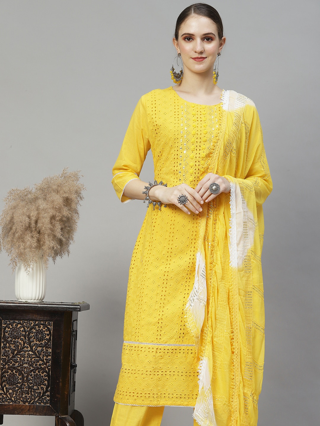 

FASHOR Women Yellow Ethnic Motifs Embroidered Mirror Work Pure Cotton Kurta Set