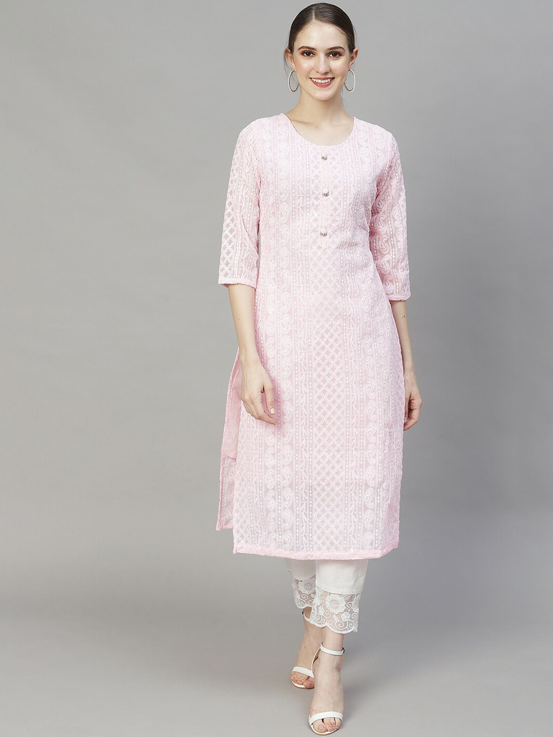 

FASHOR Women Pink Geometric Chikankari Georgette Kurta