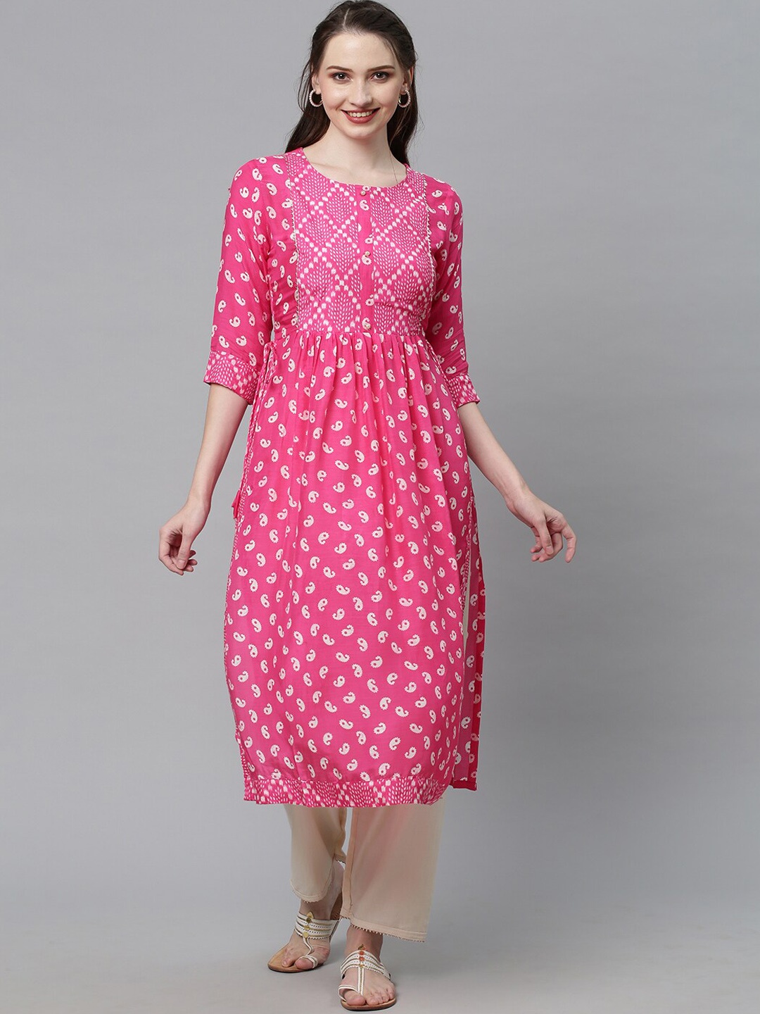 

FASHOR Women Pink And White Paisley Printed Empire Design Silk A-Line Kurta