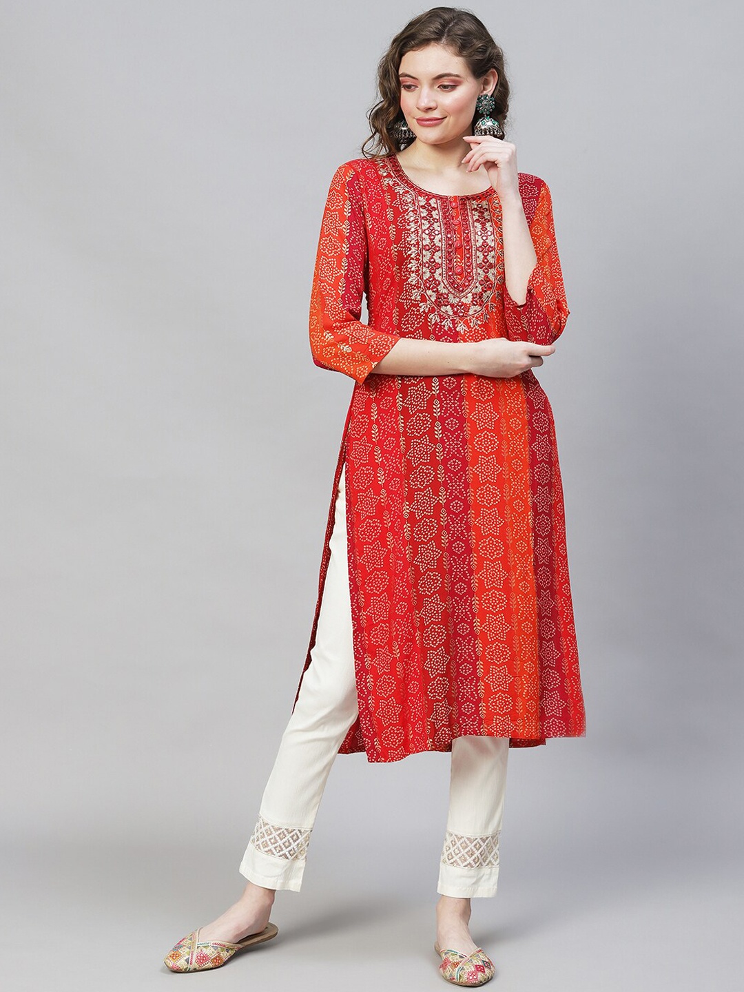 

FASHOR Women Red & Orange Bandhani Printed Kurta