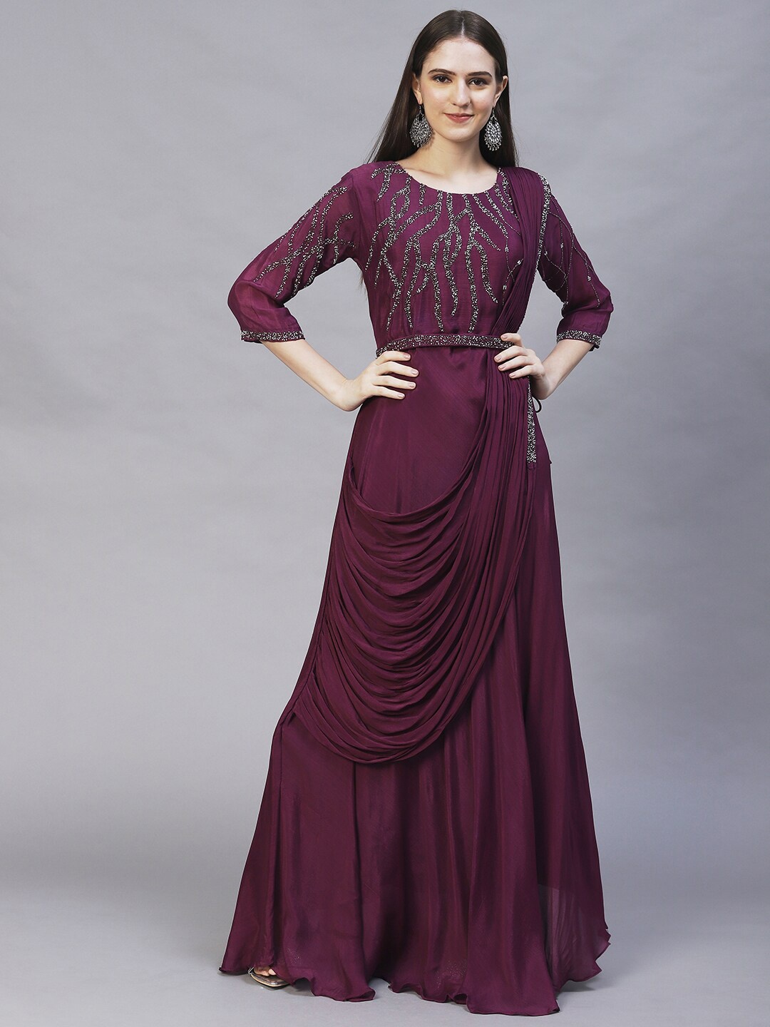 

FASHOR Women Burgundy Embellished Chiffon Ethnic Maxi Dress