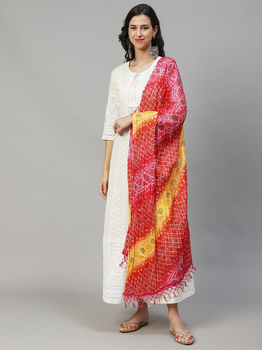 

FASHOR Women Off White Embroidered Tie-Up Neck Ethnic A-Line Maxi Dress with Dupatta