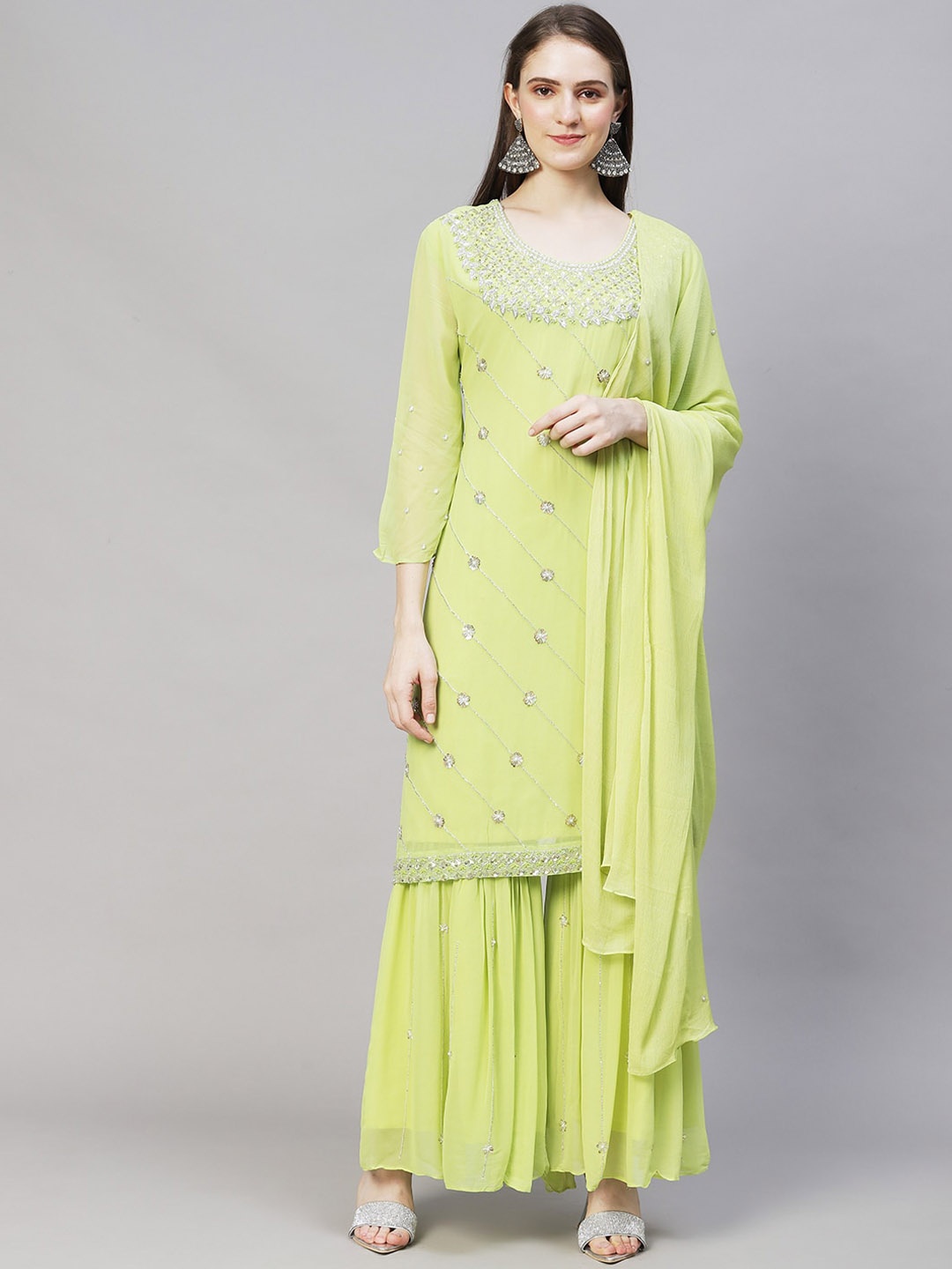 

FASHOR Women Green Ethnic Motifs Embroidered Beads and Stones Kurta with Palazzos & With Dupatta