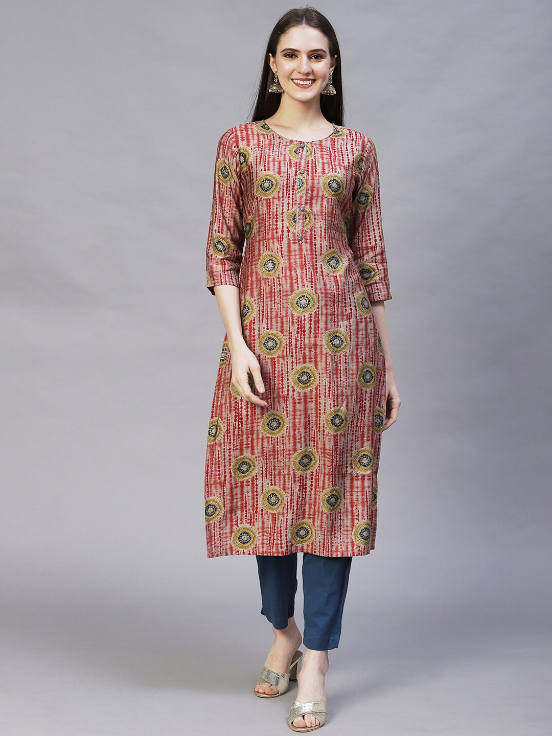 

FASHOR Women Red & Blue Ethnic Motifs Printed Kurta
