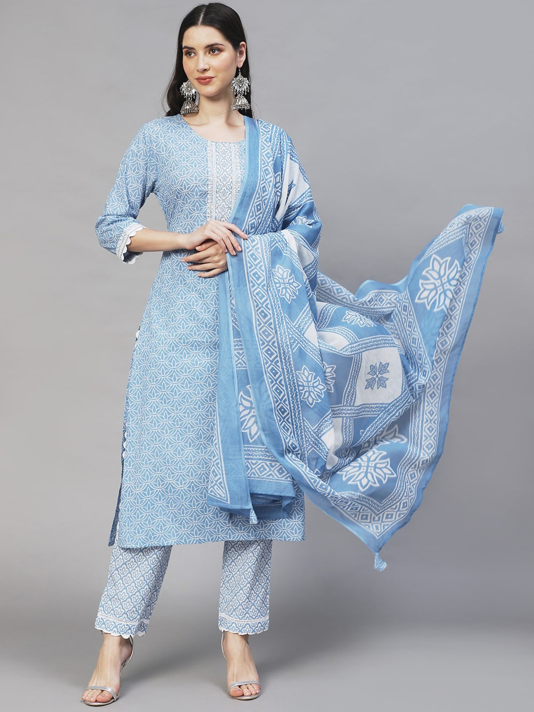 

FASHOR Women Blue Ethnic Motifs Printed Pure Cotton Kurta with Trousers & With Dupatta