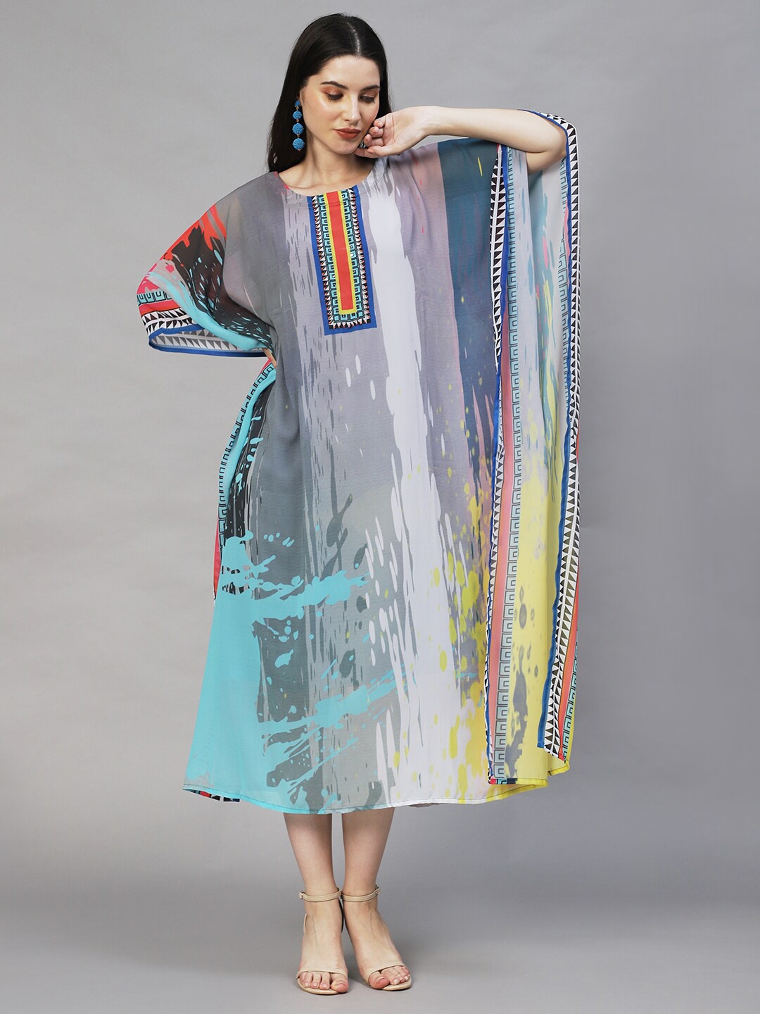 

FASHOR Women Multicoloured Georgette Kaftan Maxi Dress, Multi