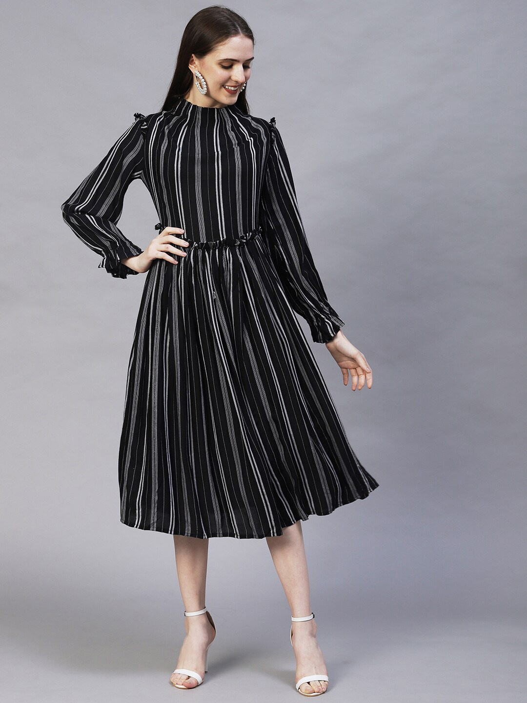 

FASHOR Women Black & Grey Striped Fit & Flare Midi Dress