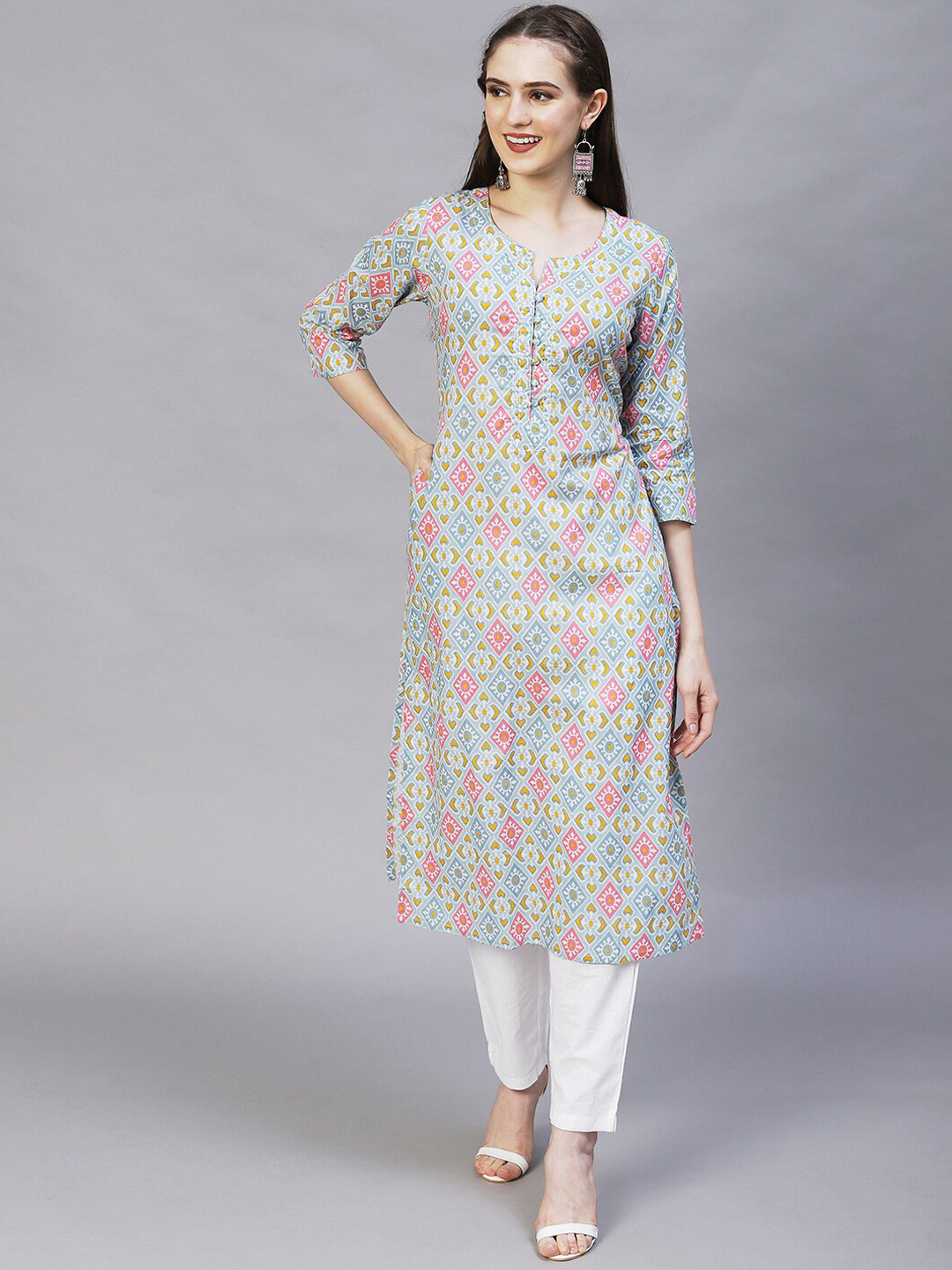 

FASHOR Women Blue & Pink Geometric Printed Cotton Kurta