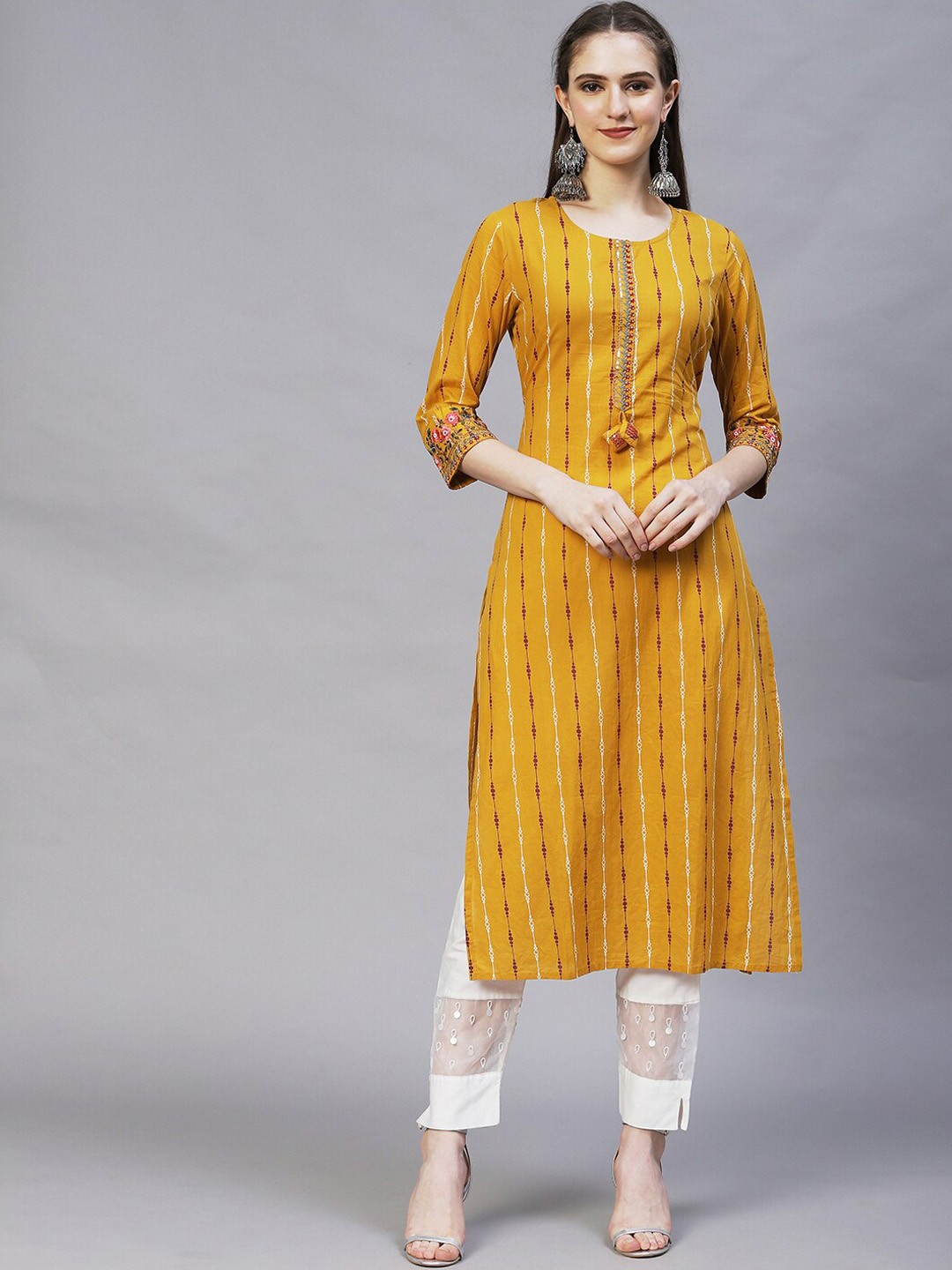 

FASHOR Women Mustard Embroidered Cotton Straight Kurta