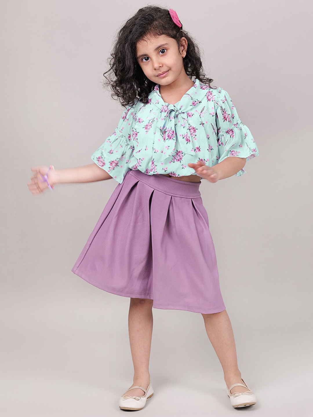 

MYY Girls Purple & Sea Green Floral Printed Top with Skirt