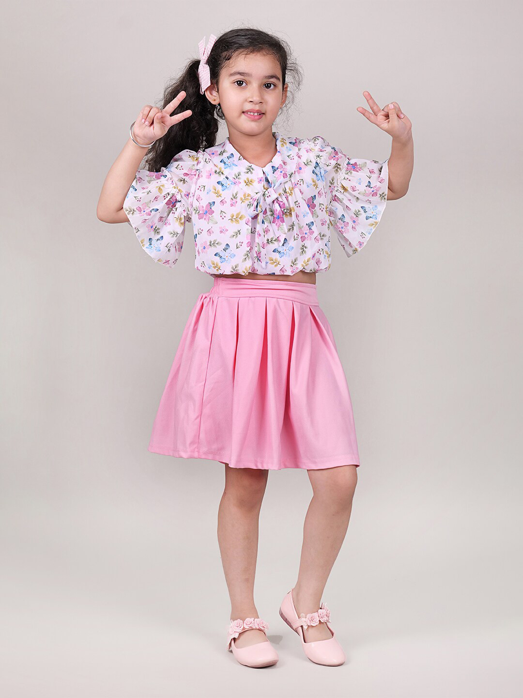 

MYY Girls Pink & White Floral Printed Crop Top with Skirt