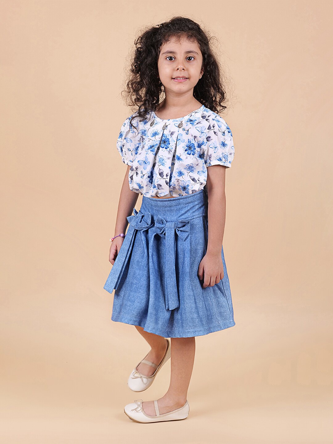 

MYY Girls Cream-Coloured & Blue Printed Top with Skirt