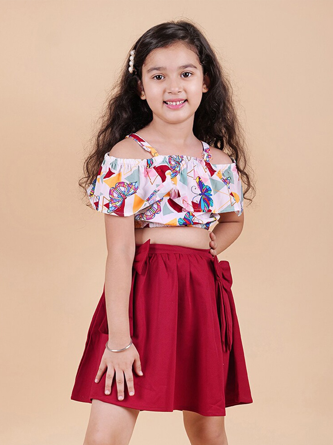 

MYY Girls Maroon & Off White Printed Top with Skirt