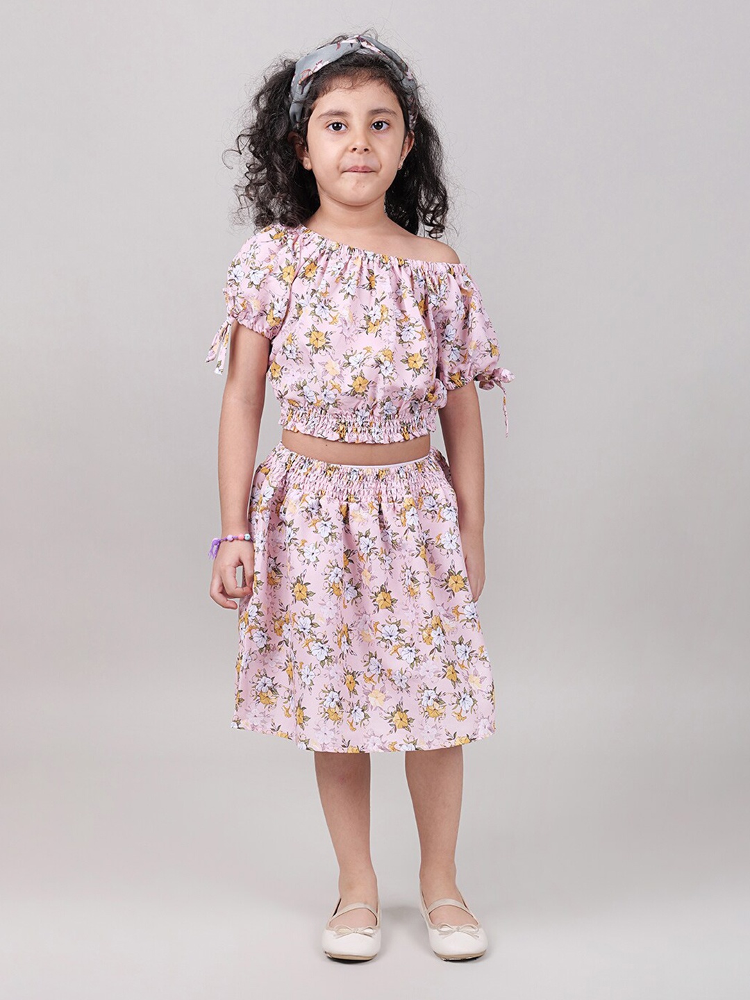 

MYY Girls Pink & Yellow Printed Top with Skirt