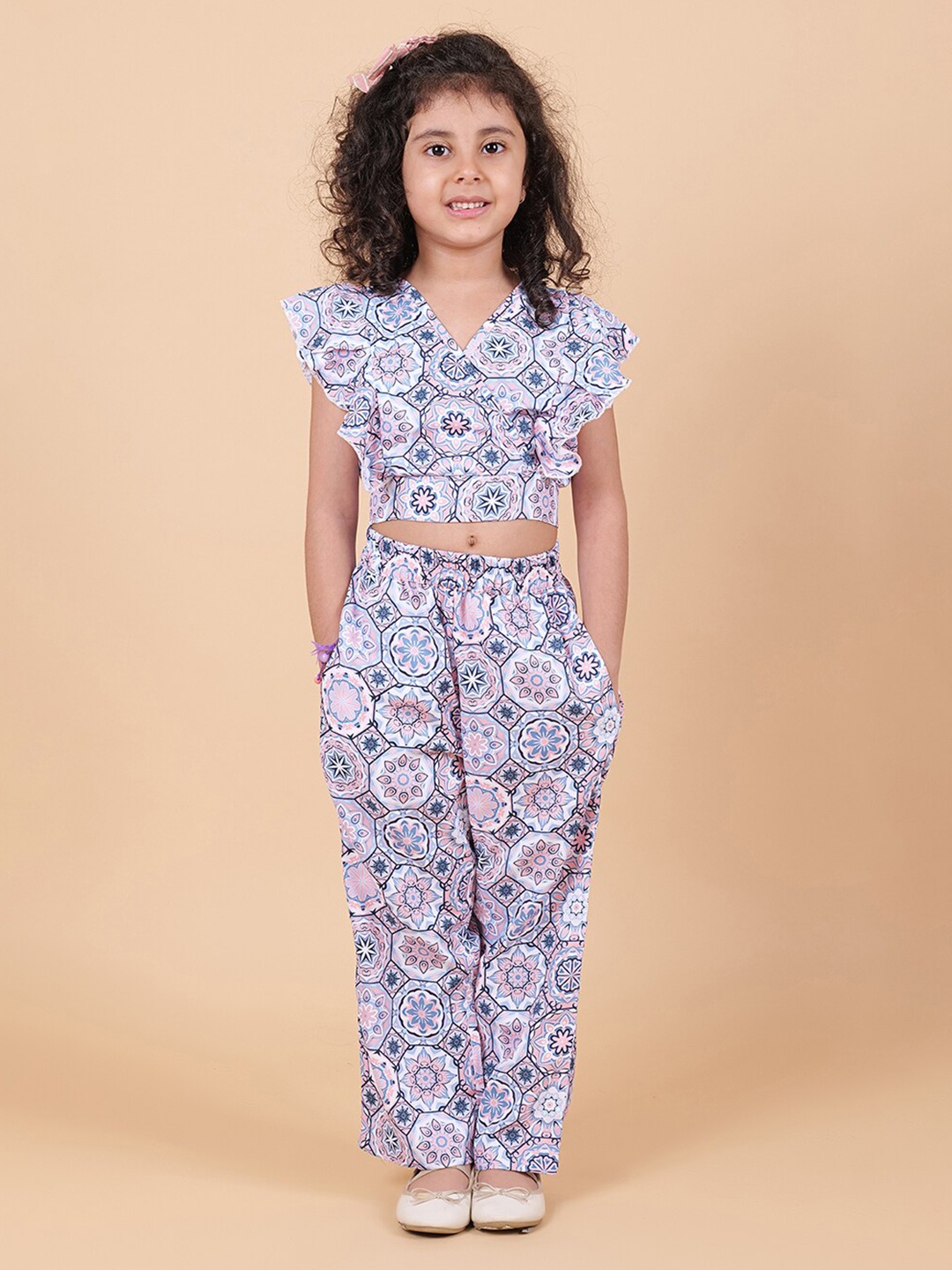 

MYY Girls Off White & Pink Printed Top with Trouser