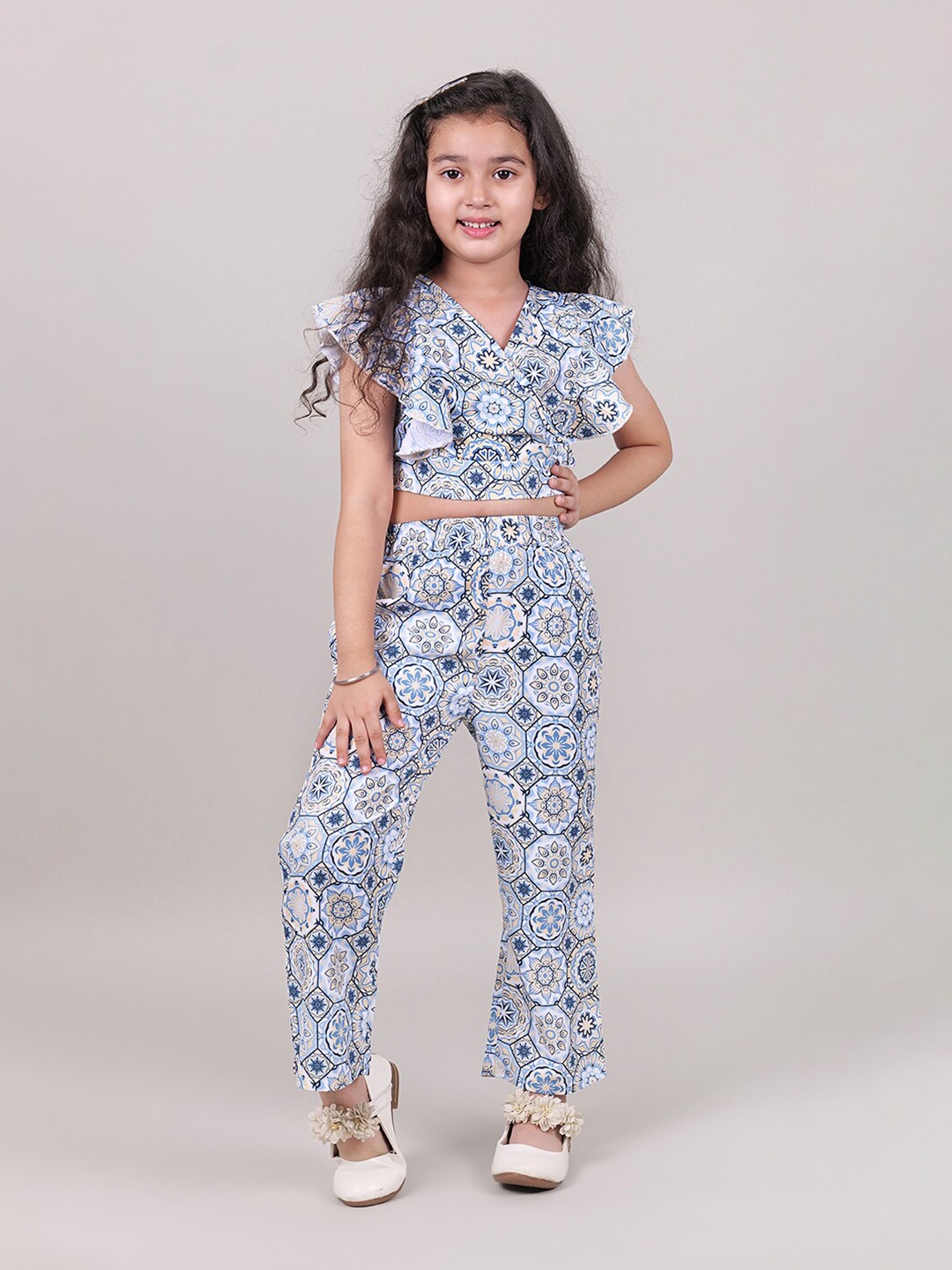 

MYY Girls Floral Printed Top with Trouser, Blue
