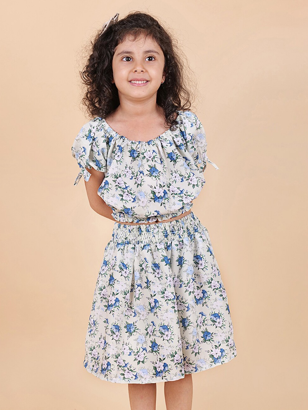 

MYY Girls Off White & Green Printed Top with Skirt