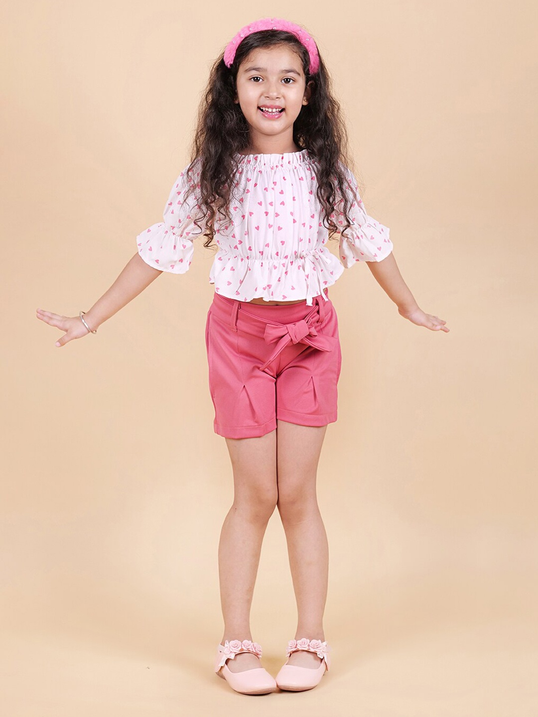 

MYY Girls Pink & White Printed Top with Shorts