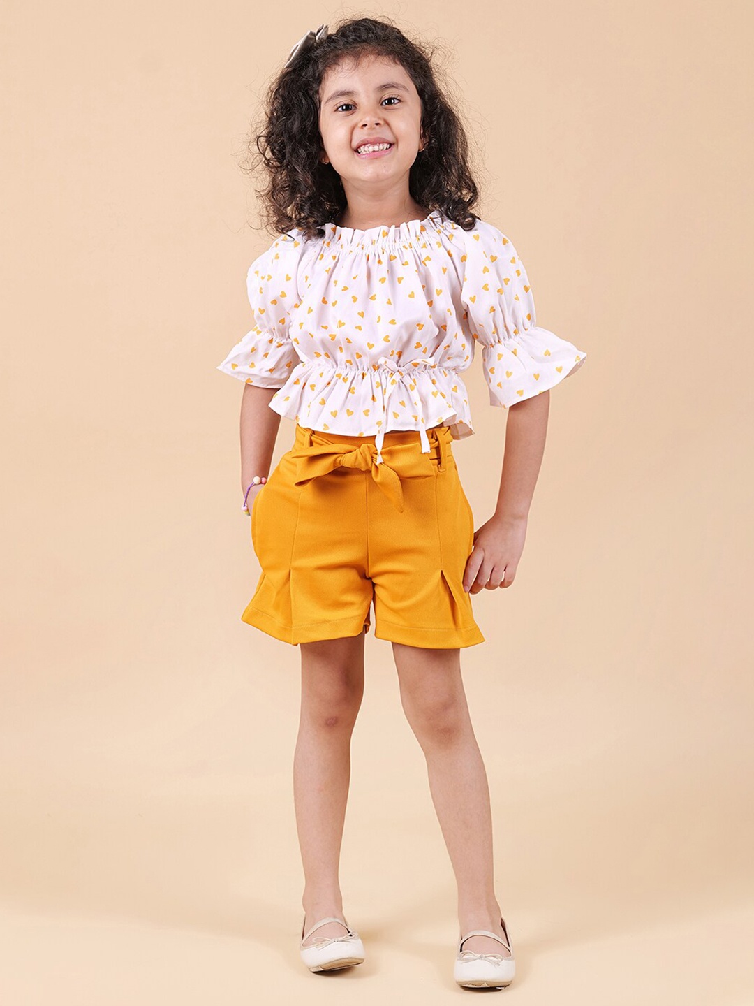 

MYY Girls Yellow & Off White Printed Top with Shorts