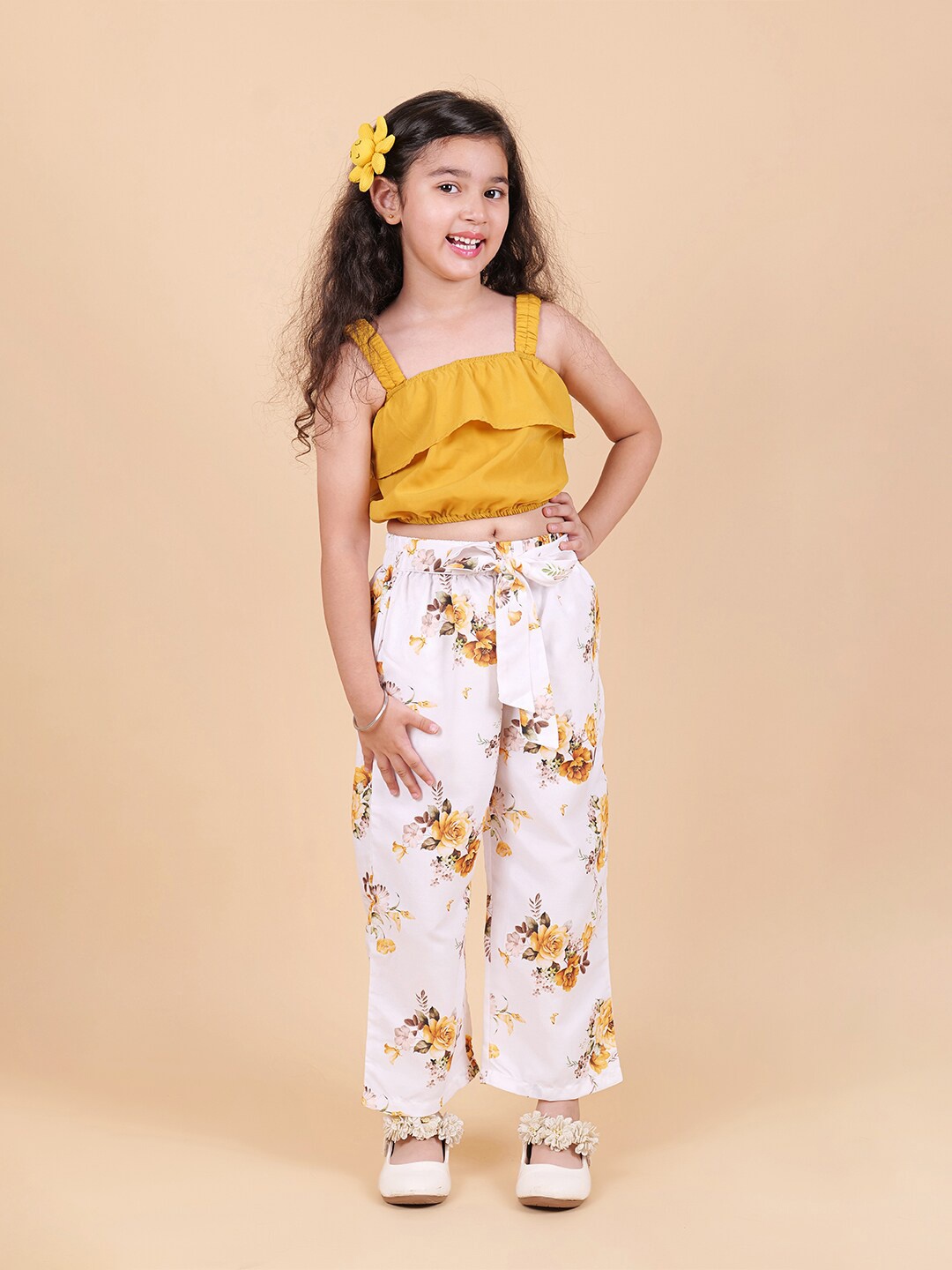 

MYY Girls Yellow & Off White Top with Trousers