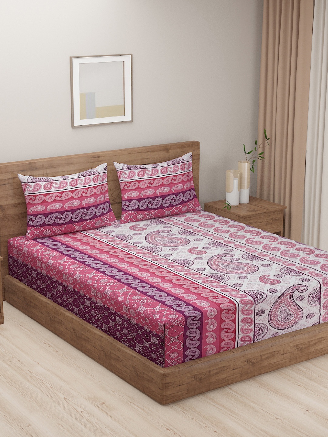 

SWAYAM Pink Ethnic Motif 120 TC 100% Cotton Double Bedsheet Set