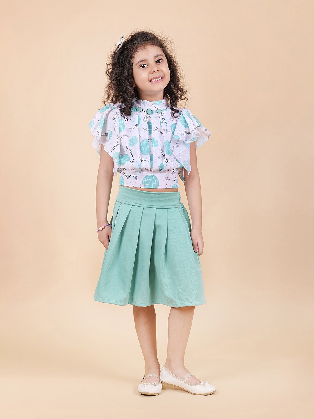 

MYY Girls Green & Off White Printed Top with Skirt