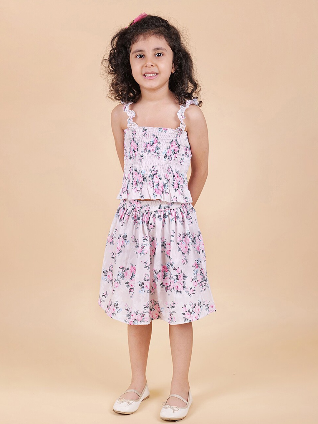 

MYY Girls White & Pink Printed Top with Skirt