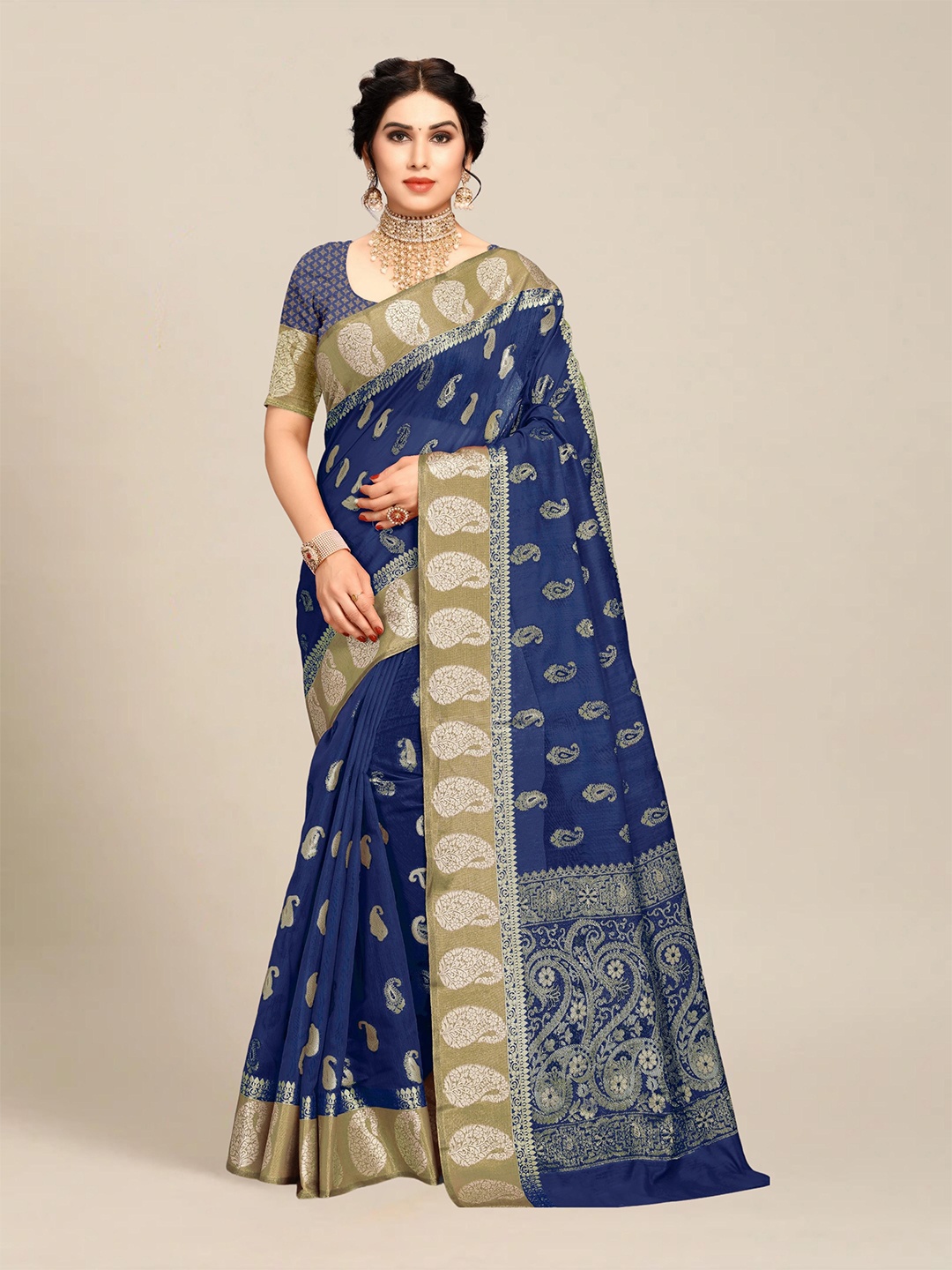 

MS RETAIL Navy Blue & Beige Paisley Woven Design Zari Saree