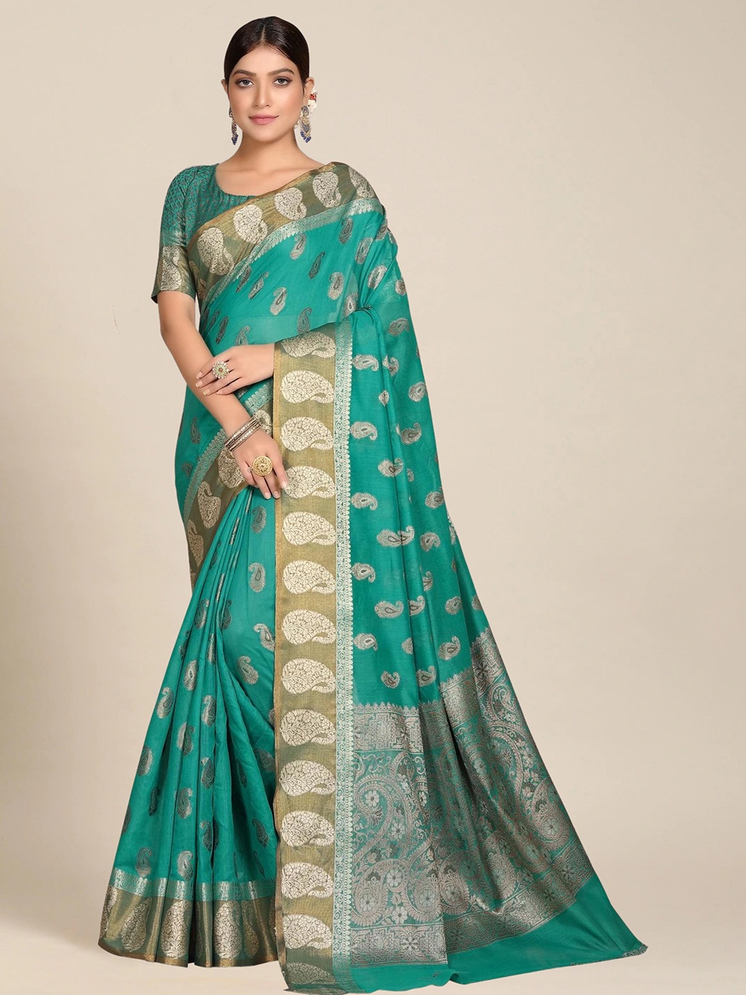 

MS RETAIL Teal & Gold-Toned Paisley Pure Cotton Chanderi Zari Saree