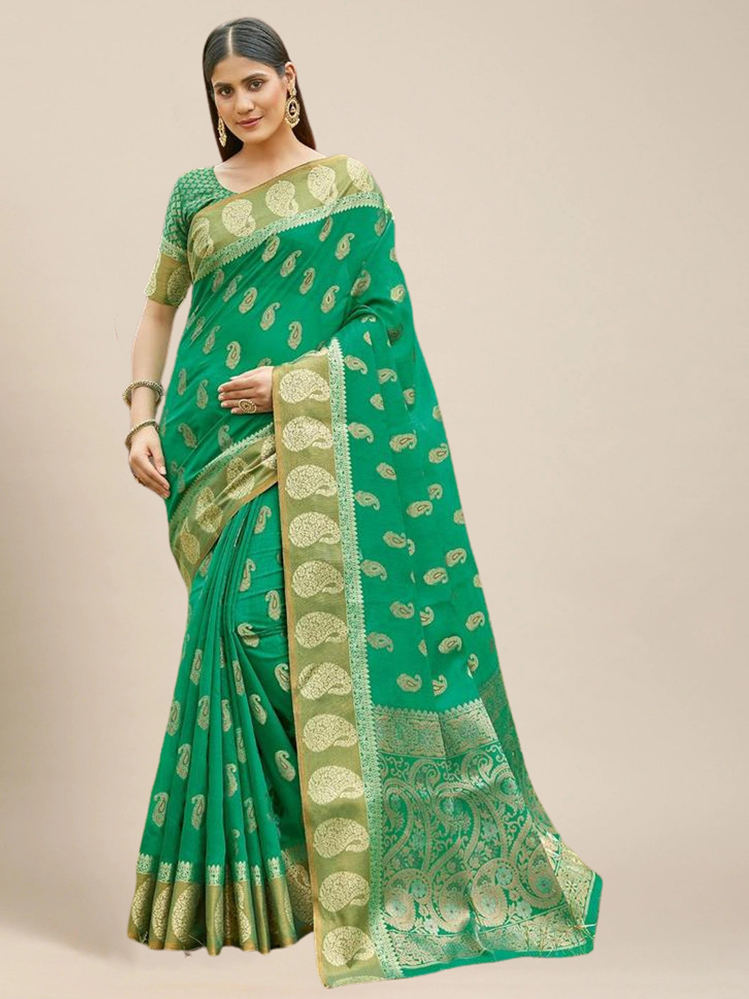 

MS RETAIL Teal & Beige Paisley Silk Cotton Saree