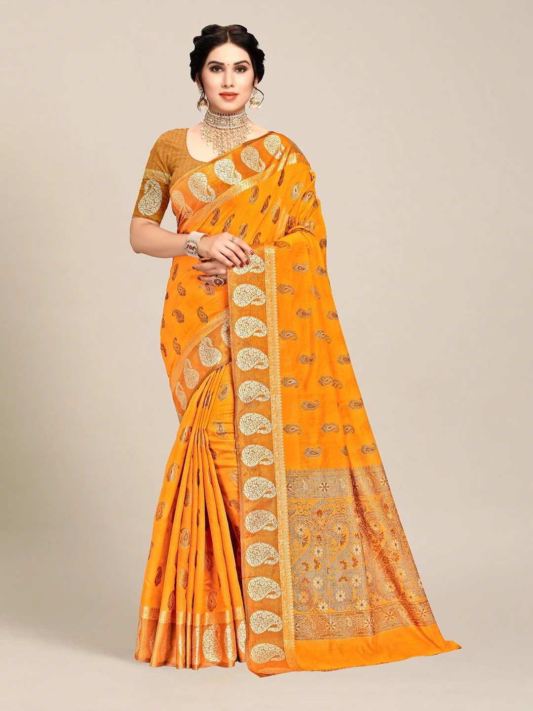 

MS RETAIL Mustard & Gold-Toned Paisley Zari Pure Cotton Chanderi Saree