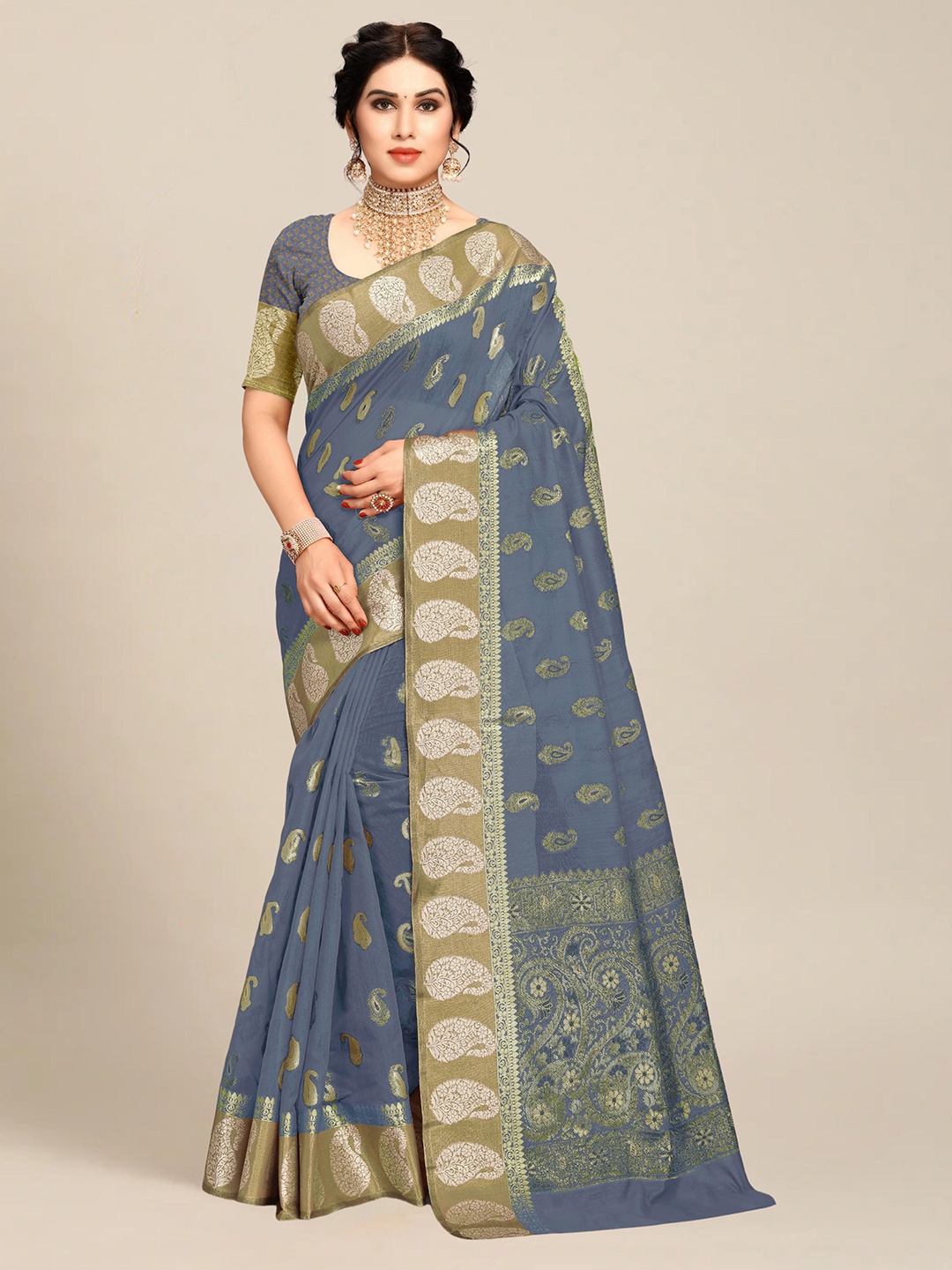 

MS RETAIL Grey & Gold-Toned Paisley Zari Pure Cotton Chanderi Saree