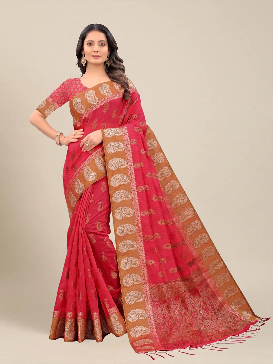 

MS RETAIL Pink & Gold-Toned Paisley Zari Pure Cotton Chanderi Saree