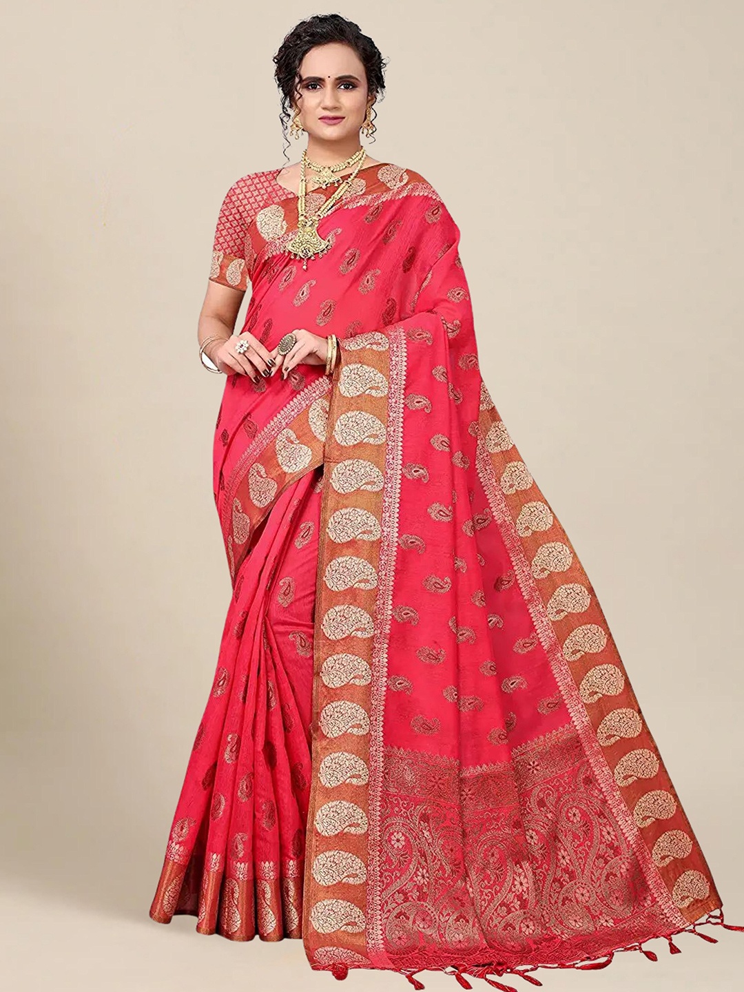 

MS RETAIL Pink & Gold-Toned Paisley Zari Pure Cotton Chanderi Saree