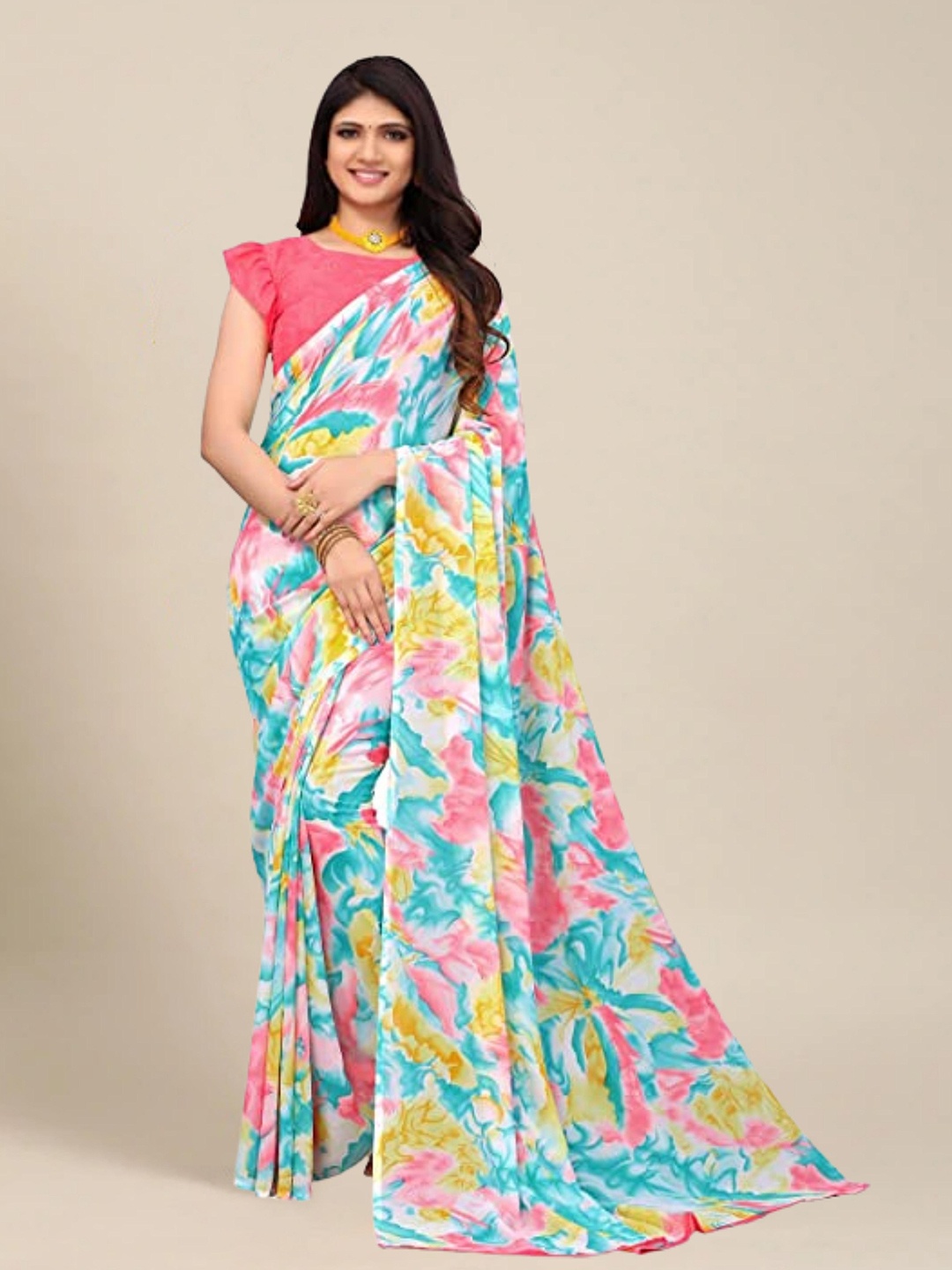 

MS RETAIL Peach-Coloured & Blue Tie and Dye Pure Georgette Saree