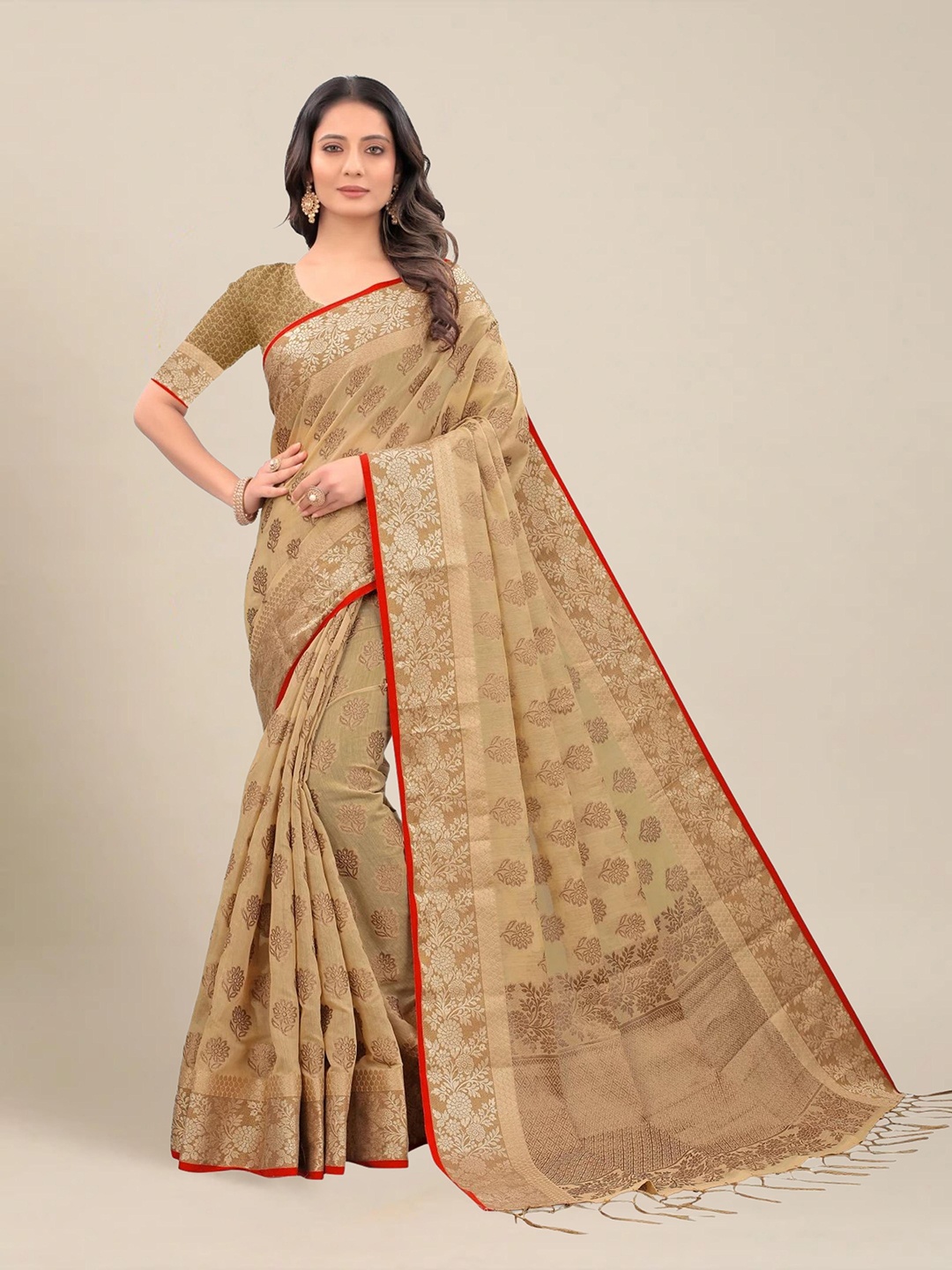 

MS RETAIL Cream-Coloured & Red Floral Pure Cotton Chanderi Saree