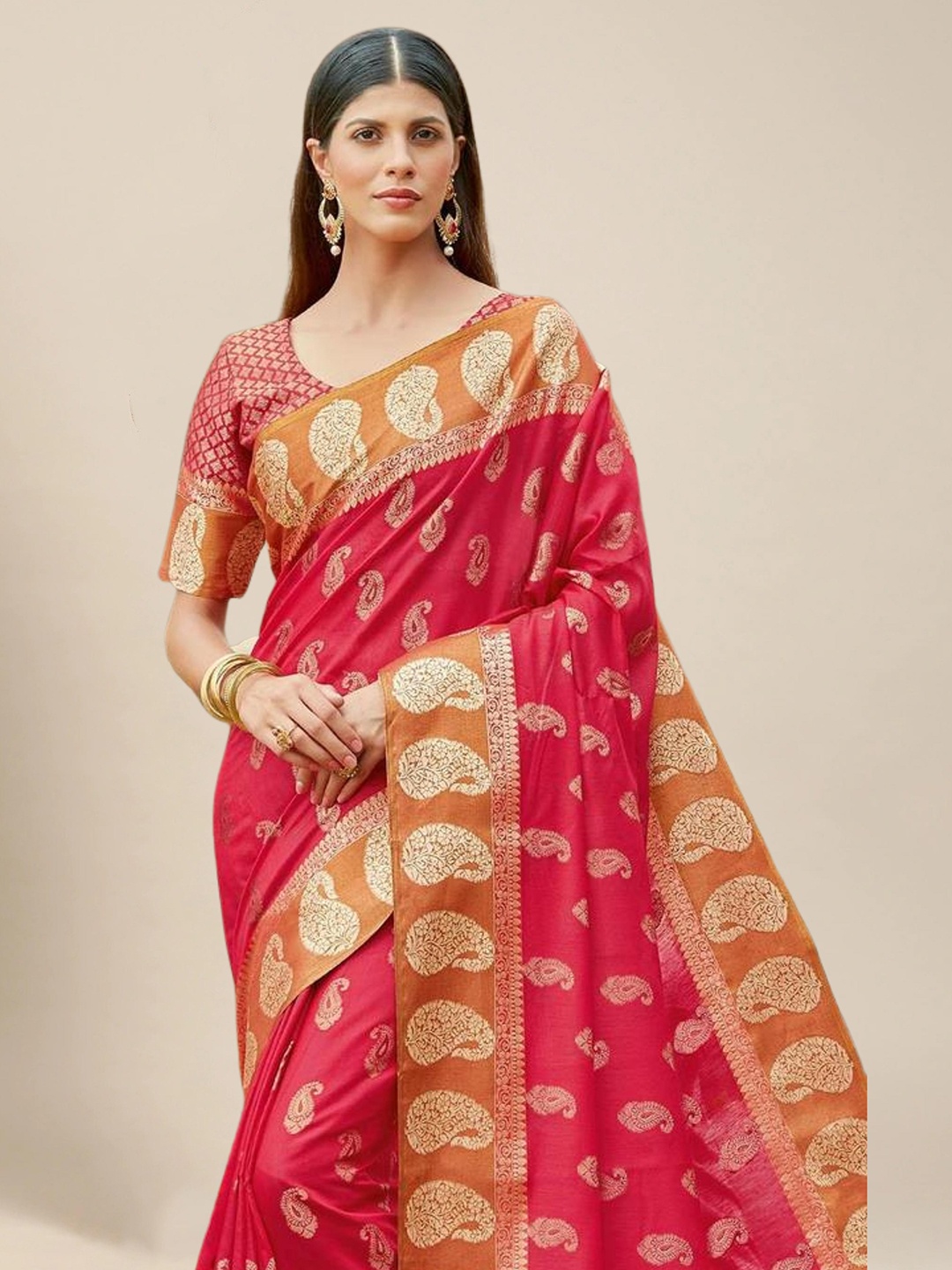 

MS RETAIL Paisley Silk Cotton Saree, Pink