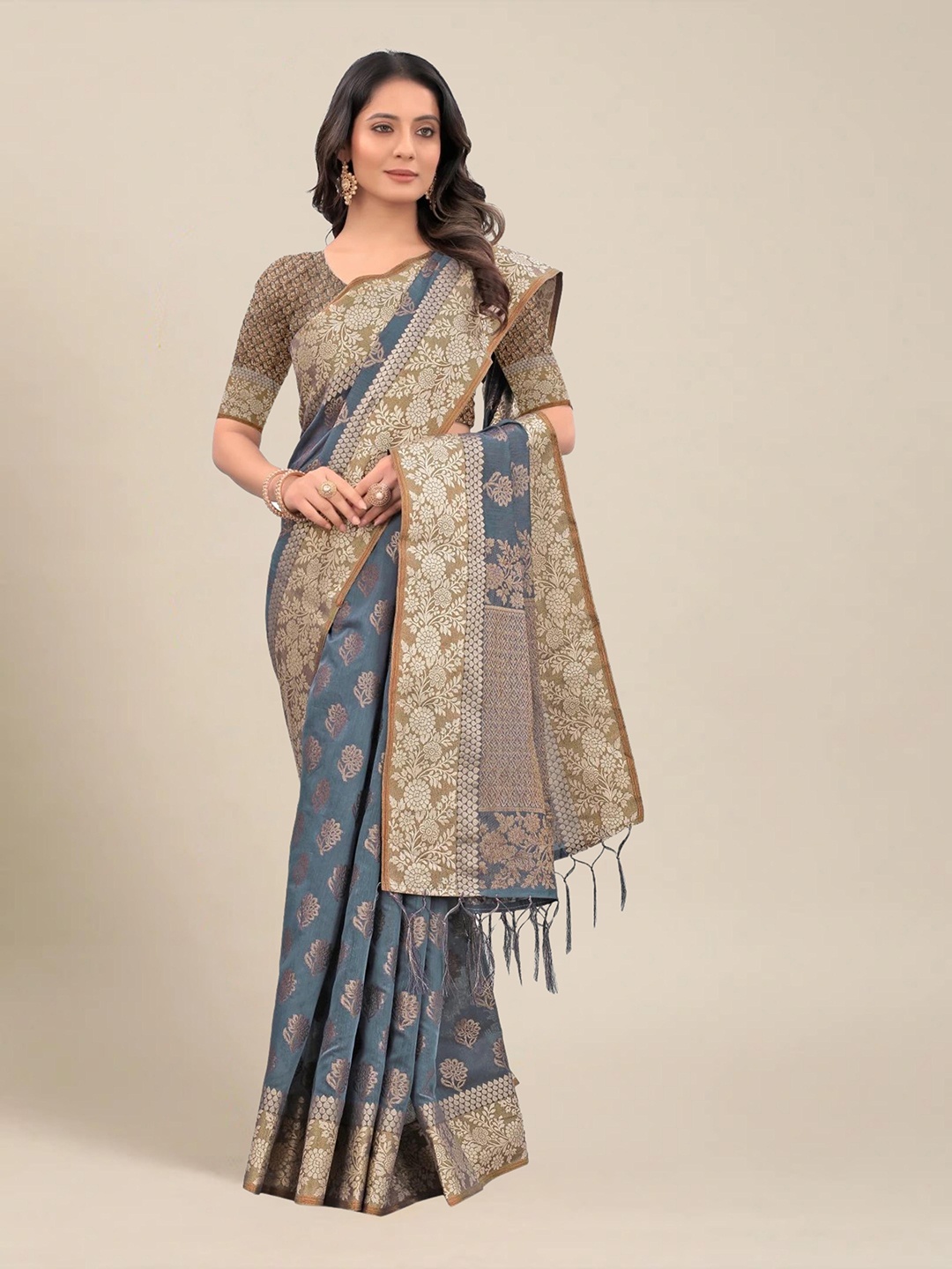 

MS RETAIL Grey & Beige Floral Zari Pure Cotton Chanderi Saree