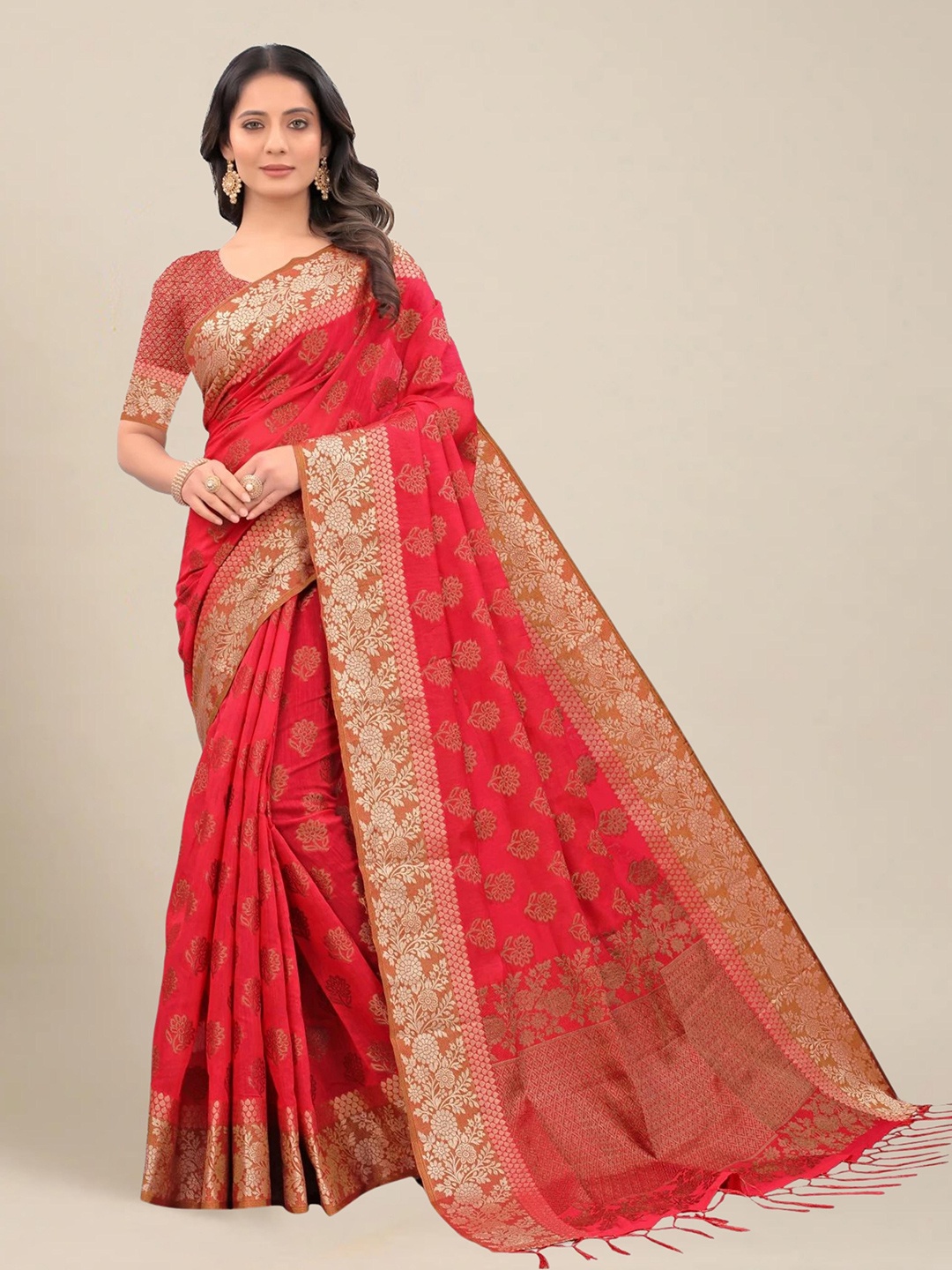

MS RETAIL Pink & Brown Woven Design Zari Pure Cotton Chanderi Saree