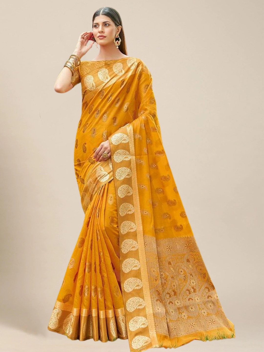

MS RETAIL Mustard & Gold-Toned Paisley Zari Pure Cotton Chanderi Saree
