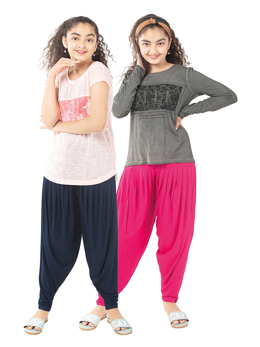 

indian flower Girls Pack Of 2 Solid Cotton Slim-Fit Patiala, Navy blue