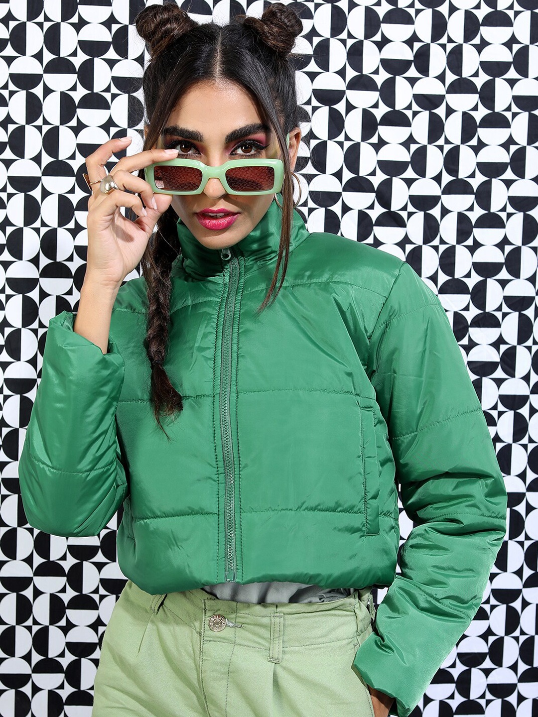 

Tokyo Talkies Women Crop Bomber Jacket, Green