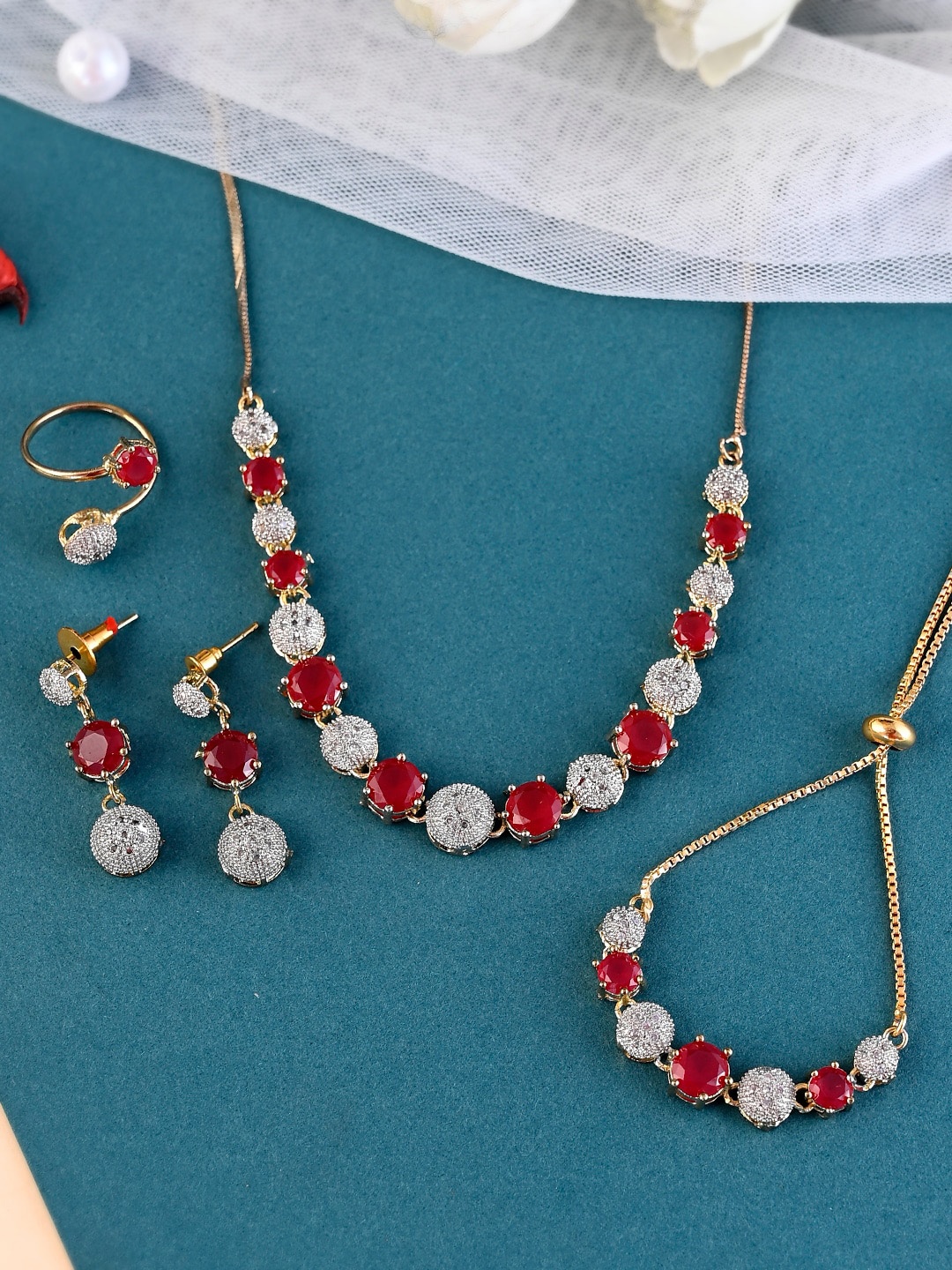 

Shoshaa Set of 4 Gold-Plated & Cz Stone-Studded Jewellery Set, Red