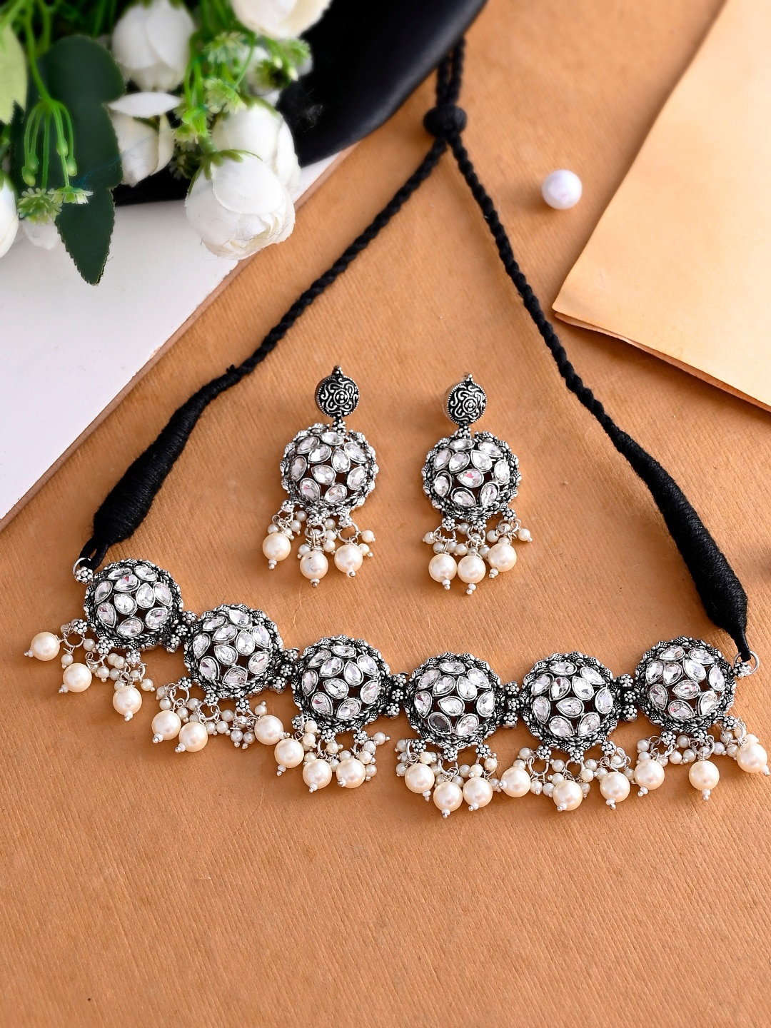 

Shoshaa Oxidised Silver-Plated Kundan-Studded & Beaded Jewellery Set