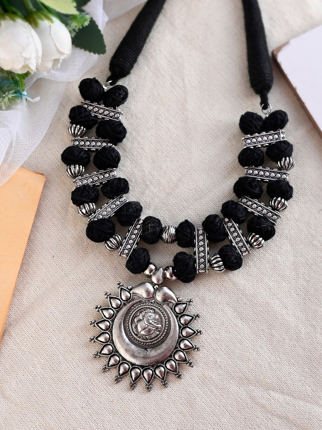 

Shoshaa Silver-Toned & Black Brass Silver-Plated Oxidised Necklace