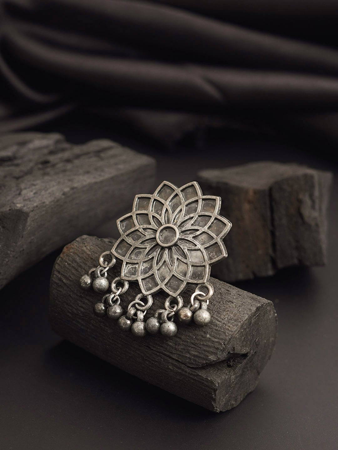 

Urmika Oxidised Floral Adjustable Finger Ring, Silver